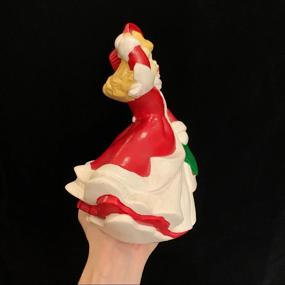 Vintage Ceramic Christmas Caroler Woman Red Flowing Dress Blowing in Wind FLAWS